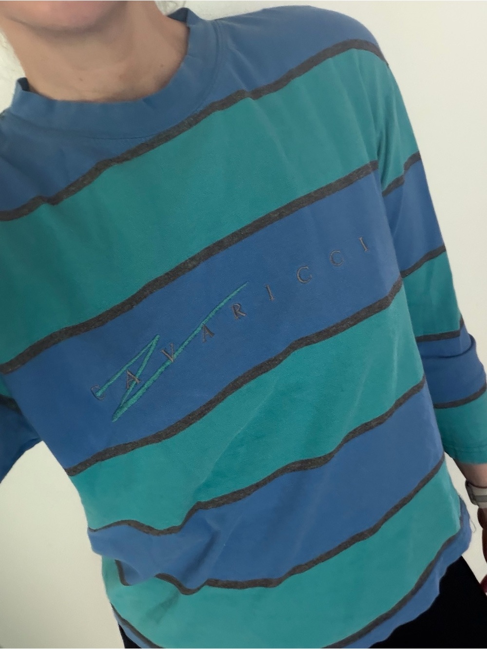 Vintage 90’s Y2K Z Cavaricci blue green striped logo shirt top medium m